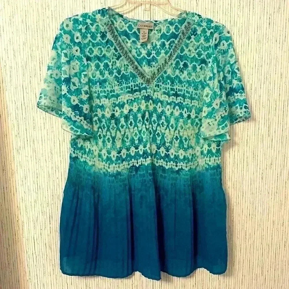 CATHERINE TEAL SZ 16W BLOUSE WITH EMBELLISHEMENT AROUND NECK